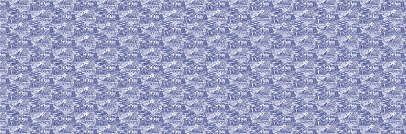 Seamless blue and white wallpaper with intricate toile de Jouy pattern, displaying vintage pastoral scenes, trees, people, and animals.