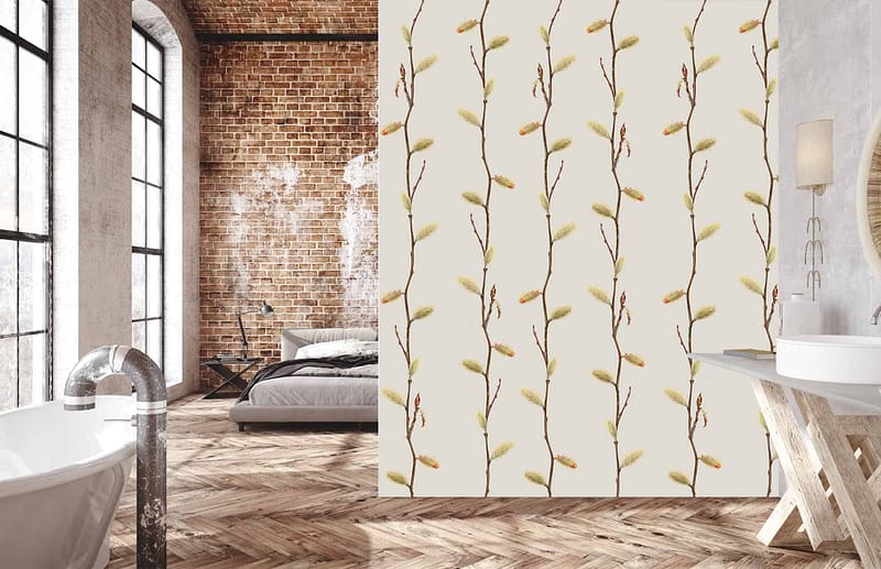 The wallpaper features a decorative pattern of vertical branches interwoven with golden vines.