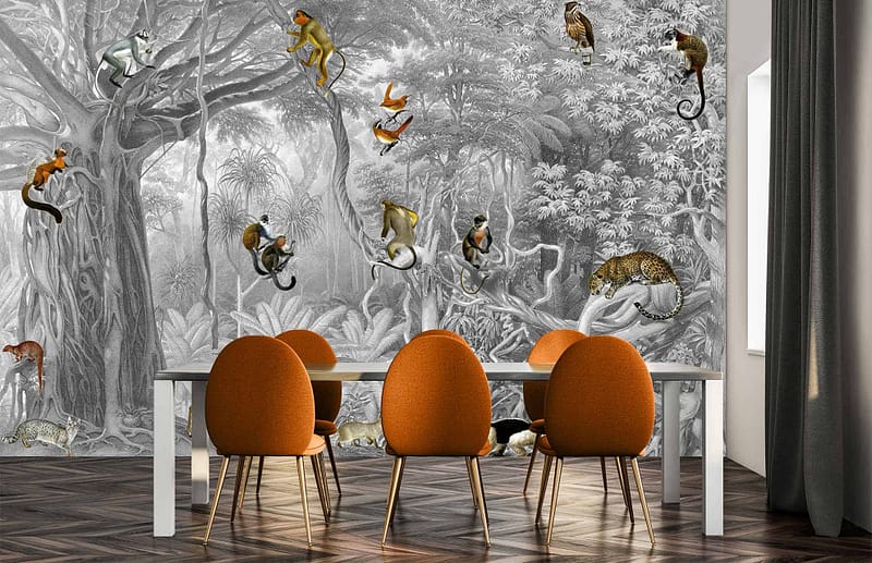 The wallpaper in the dining room features an intricate black and white jungle mural. Highlights include colorful illustrations of monkeys, birds, and a leopard among the natural scenery.