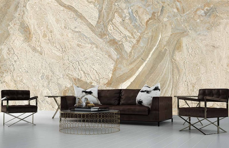 The wallpaper features a large marbled design with beige and brown tones, resembling an elegant Stoney Find. The patterns are intricate, with swirls of light and dark brown intermingled with subtle hints of cream. This backdrop provides a sophisticated and minimalist aesthetic to the living room decor.