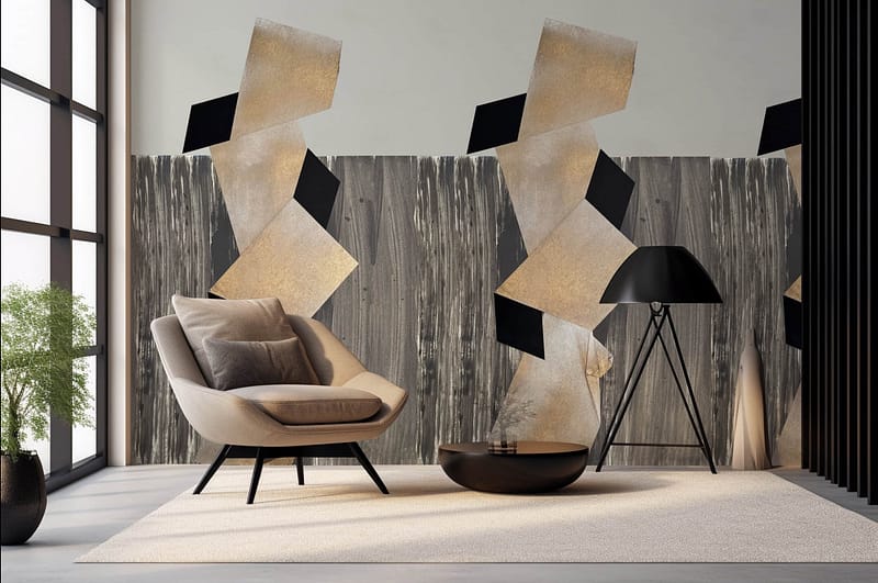 The wallpaper features an abstract wall design in neutral tones, with elements of beige, taupe, and soft gray. Geometric patterns and subtle texture add depth to the decor. Ideal to match with natural light from a large window.