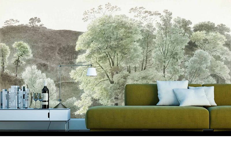 A serene forest scene wallpaper with lush green trees, shades of brown trunks, hints of sunlight filtering through the leaves in dappled yellows and greens, and a soft whispering wind effect.