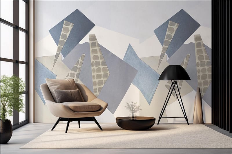 The wallpaper in the living room features a geometric mural with shades of blue, gray, and beige. It consists of various shapes creating a modern design that adds depth and interest to the wall.