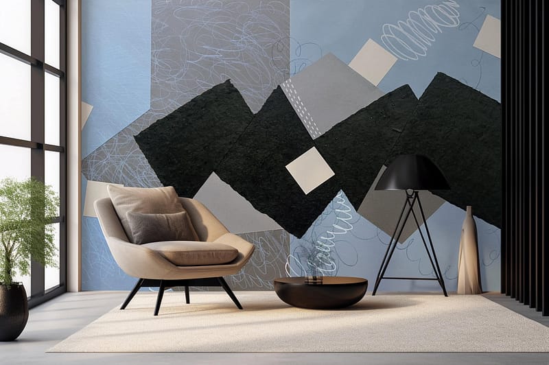 The wallpaper showcases an abstract geometric design with shades of blue, black, and white.