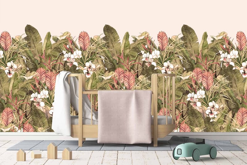 Tropical floral wallpaper with lush green leaves, pink flowers, white flowers, and brown flowers.