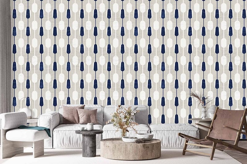 Striking blue and white patterned wallpaper, intricate design, bold blue motifs intertwined with crisp white detailing.