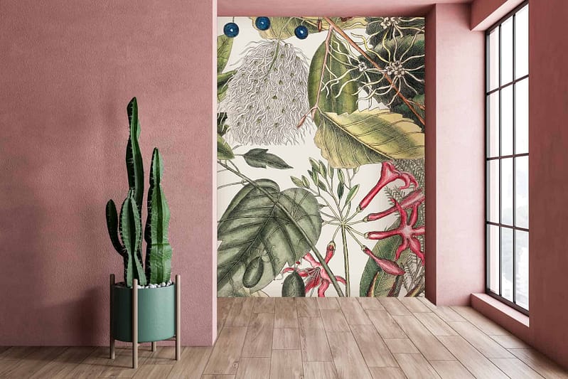Wall features a large, colorful botanical mural. Elements include various botanicals such as green and pink leaves, vibrant red flowers, and subtle beige stems. Hints of teal and mustard are interspersed within the design. Earthy tones dominate the wallpaper's background creating a naturalistic feel.