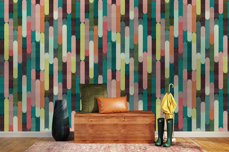 The wallpaper features colorful, abstract designs with vertical oval shapes, reflecting a 1970s TV show like The Partridge Family. The dominant colors include vibrant hues that evoke a retro aesthetic.