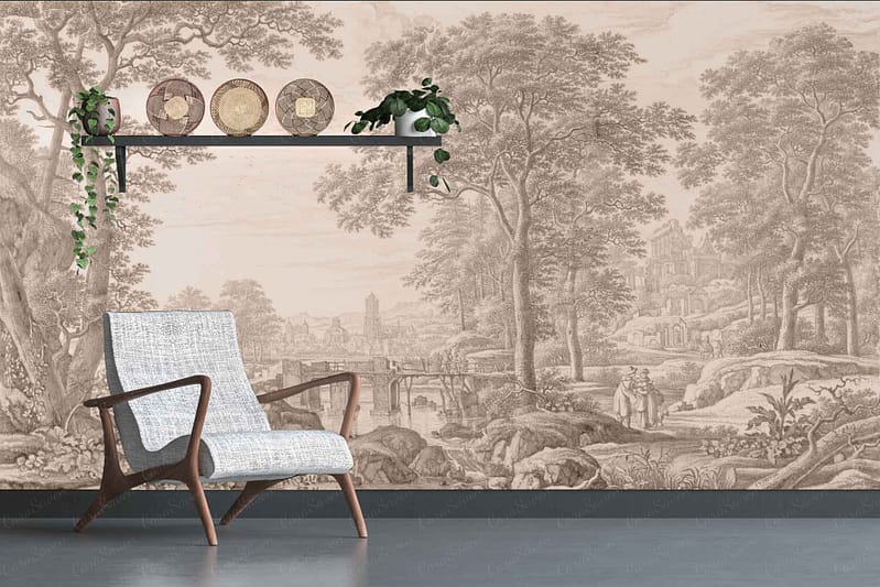 Grayscale landscape wallpaper with trees, hills, and a bridge.