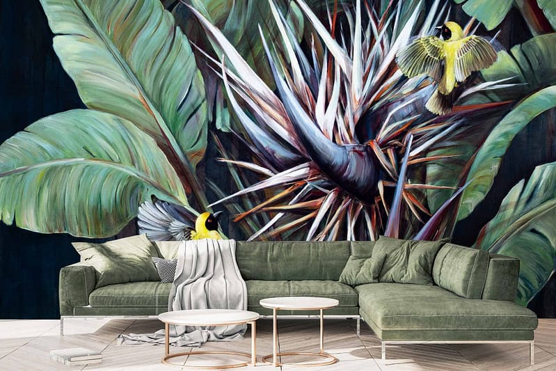 Colorful mural titled "My Cherie" with large green leaves, tropical foliage, two yellow birds interacting with exotic flowers.