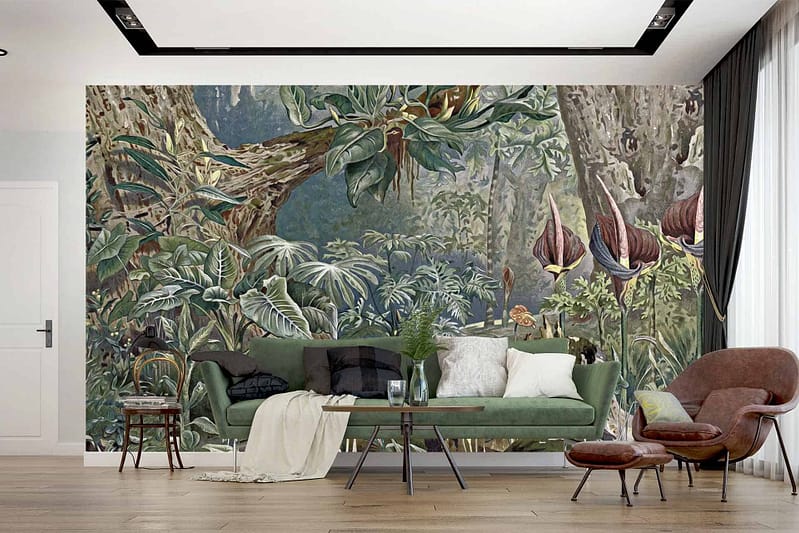 A vibrant jungle-themed mural dominates the back wall, illustrating lush greenery, dense foliage, exotic animals, and rich tropical colors like green, yellow, orange, and blue. The intricate design includes palm leaves, vines, birds of paradise, monkeys swinging on branches, and glimpses of a distant waterfall. Highlighting an immersive natural landscape with vivid detail and vivid hues.