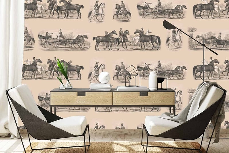 The wallpaper features vintage black-and-white illustrations of pony riders and horse-drawn carriages. Key elements include detailed equestrian scenes, classic conveyances, and monochromatic tones that lend a nostalgic atmosphere.