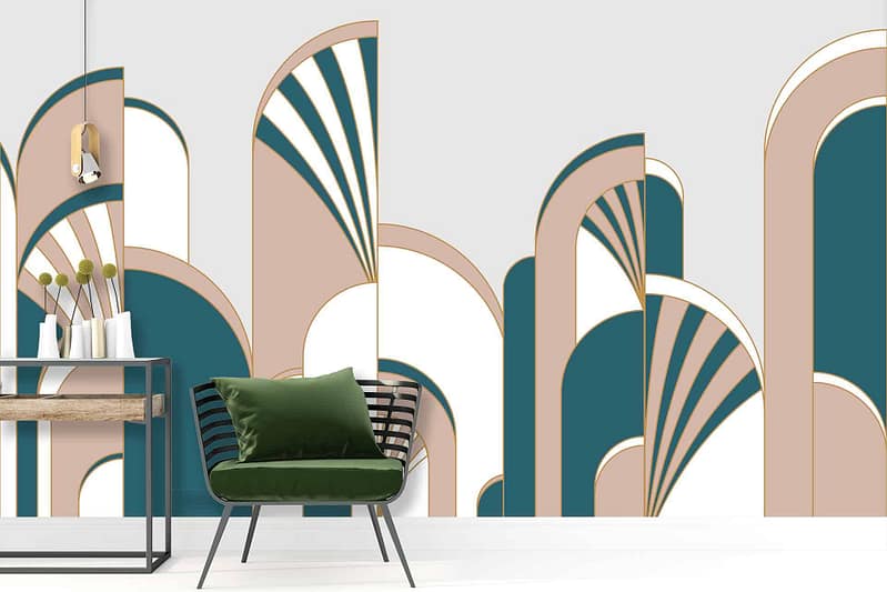 Art deco-inspired wall mural with abstract fan shapes in teal, beige, and white.