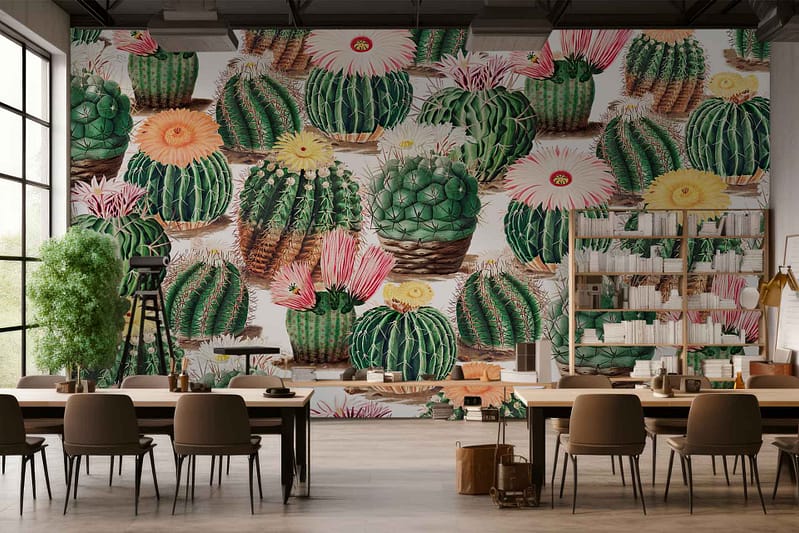 Vibrant cactus mural, colorful flowers, various cacti, playful design, green hues, pink and yellow accents.