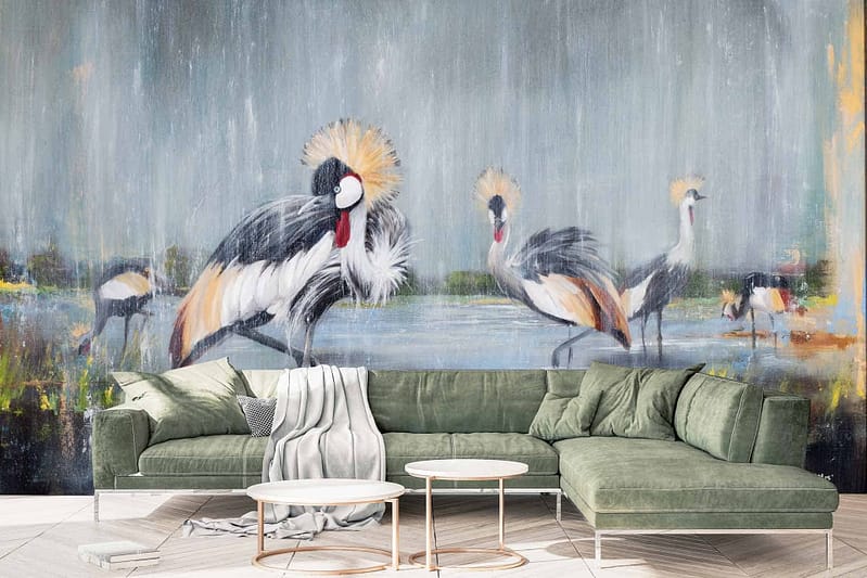 Large mural of cranes, standing in water, painted in shades of grey, blue, and soft colors. Serene reminder "This Too Shall Pass." Natural and artistic vibe.