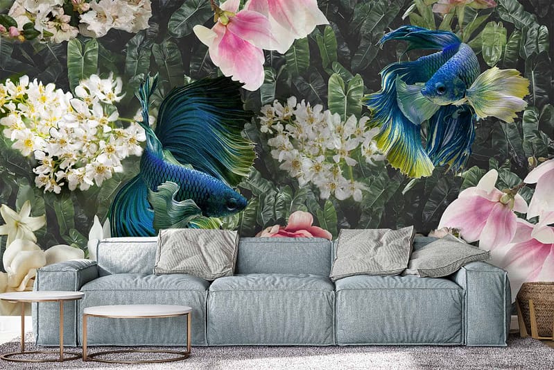 Vibrant mural with insatiable Betta fish, large lush floral patterns, featuring bright reds, blues, greens.