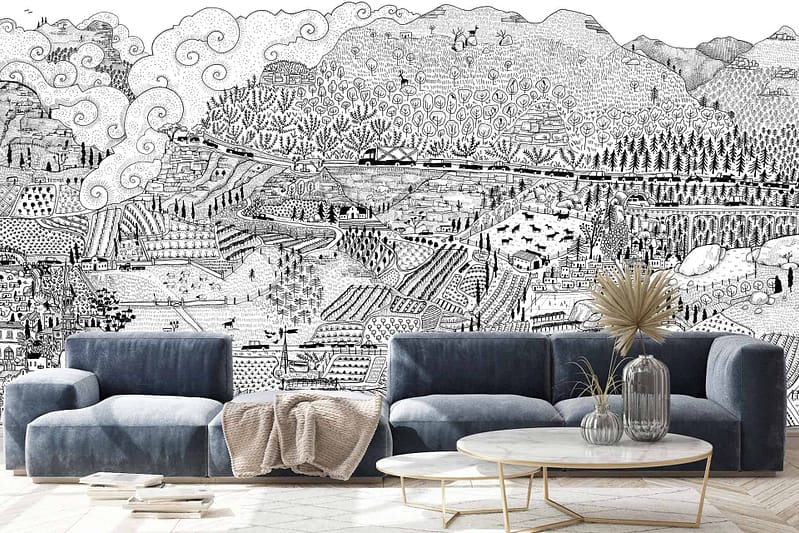 The wallpaper features a detailed black-and-white mural illustrating the Wonderful Winelands, showcasing whimsical, mountainous landscapes, trees, roads, and small buildings.