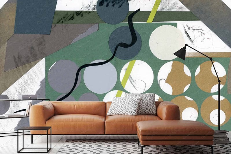 The wallpaper features a vibrant geometric mural with circles, abstract shapes, and lines in shades of green, beige, and blue.