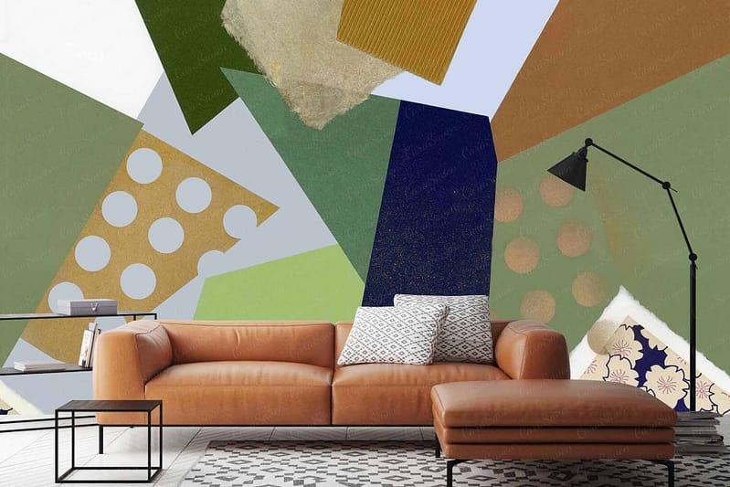 A vibrant, abstract mural featuring various shapes and colors including green, blue, yellow, and brown reminiscent of "New Gold Dream.