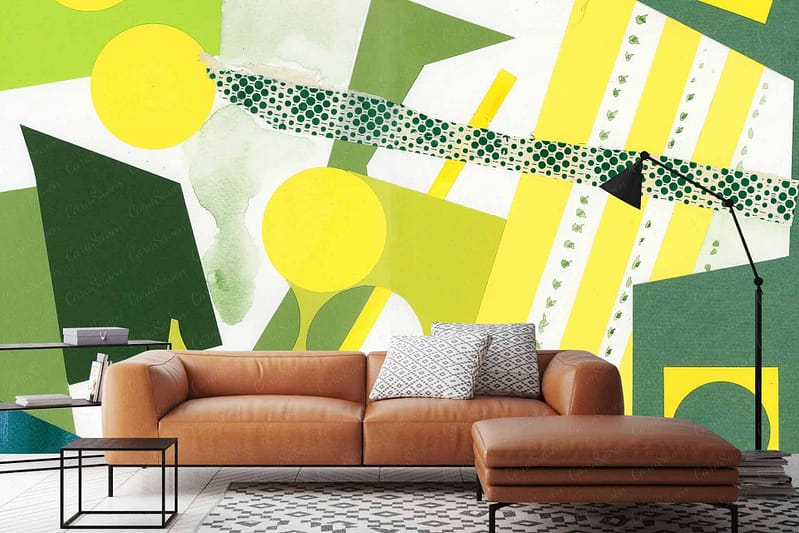 Discover the vibrant wallpaper featuring an abstract art mural inspired by spring. The design includes:

- Yellow circles creating a sunny and cheerful vibe.
- Green shapes evoking fresh, natural elements.
- Spotted patterns adding visual interest and texture.

This lively combination of colors and motifs will transform any space into a modern, dynamic living area.