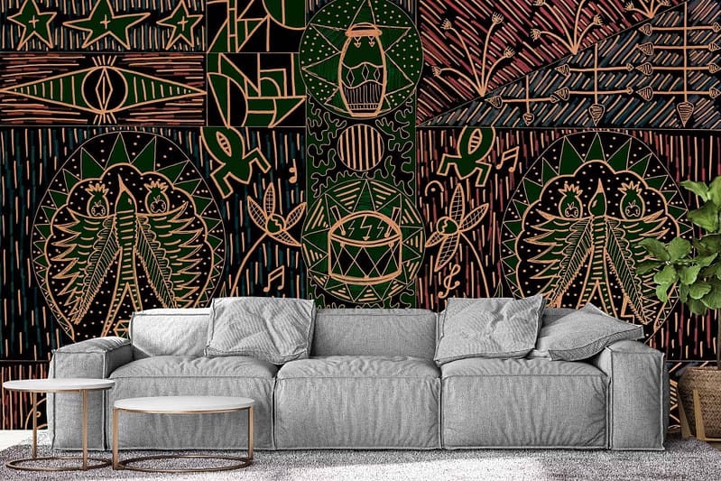 Bold, abstract mural with intricate line art and geometric shapes in gold on a dark background. Features symmetrical patterns, celestial motifs, and stylized creatures.