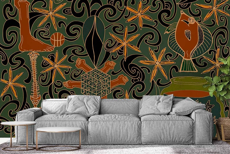 The wallpaper features intricate swirling lines, botanical shapes, a Rubik's cube, a fish, and skeletal elements. Colors include warm hues that create an inviting flow.