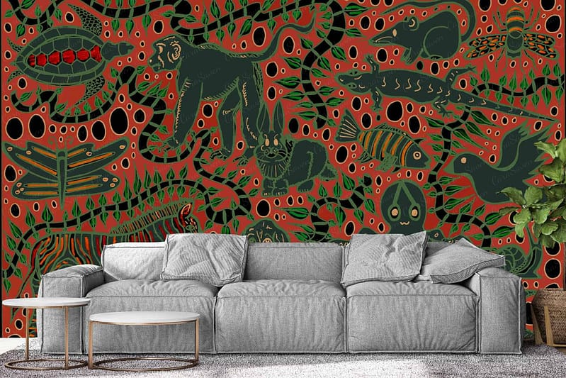 Vibrant, nature-inspired mural with whimsical illustrations of various animals, leaves, and abstract patterns in green and red hues.
