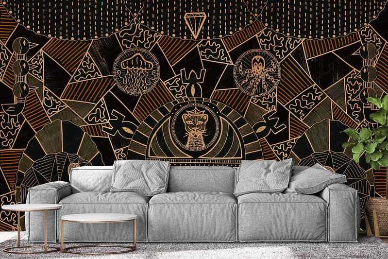 Royalty-inspired wallpaper with intricate abstract patterns, gold and black colors, stylized animals, and geometric shapes.