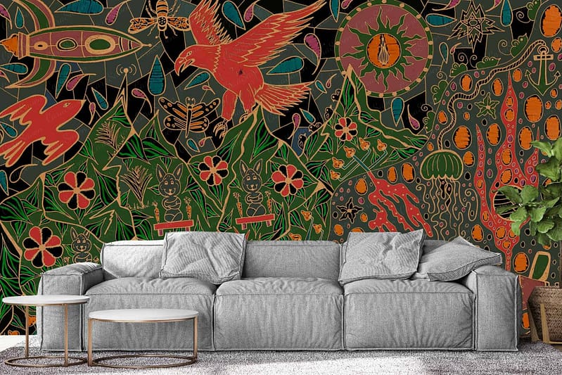 Wallpaper features colorful illustrations including:
- Birds
- Flowers
- Jellyfish
- Insects
- Abstract shapes

Colors include:
- Vibrant hues