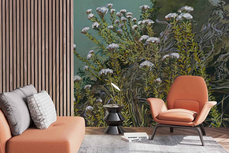 The wallpaper features vibrant floral murals with green and white hues, evoking the lush beauty of Metalasia Murikata.