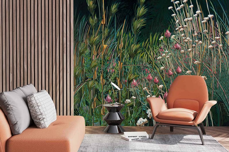 Vibrant mural of lush green grass, pink everlastings, white everlastings, nature-inspired elements.