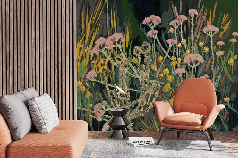 The wallpaper features a botanical mural with Pink Blombos and yellow flowers, adding vibrant touches of pink and yellow to the space.