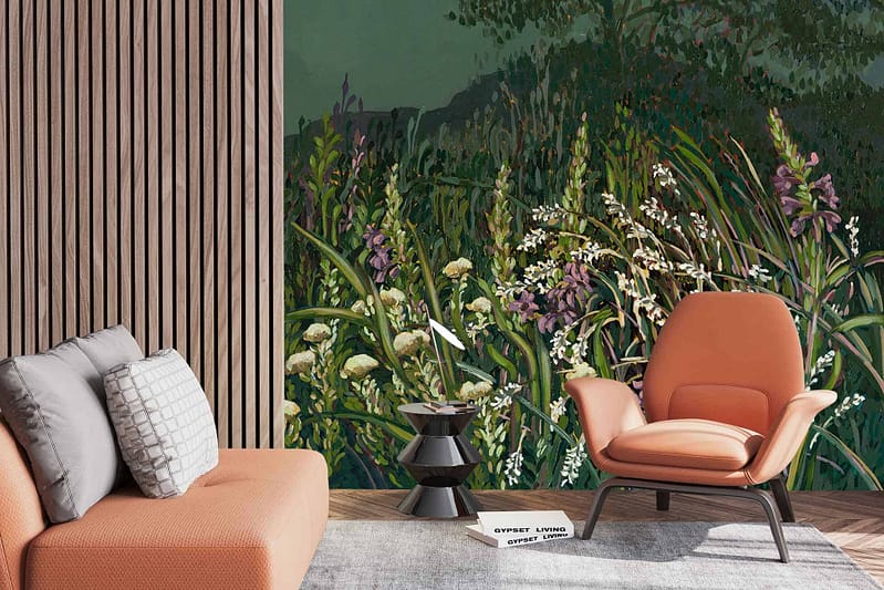 A vibrant wall mural depicting lush greenery and Watsonias. Elements include rich green foliage and clusters of pinkish-orange Watsonia flowers, creating a natural ambiance.