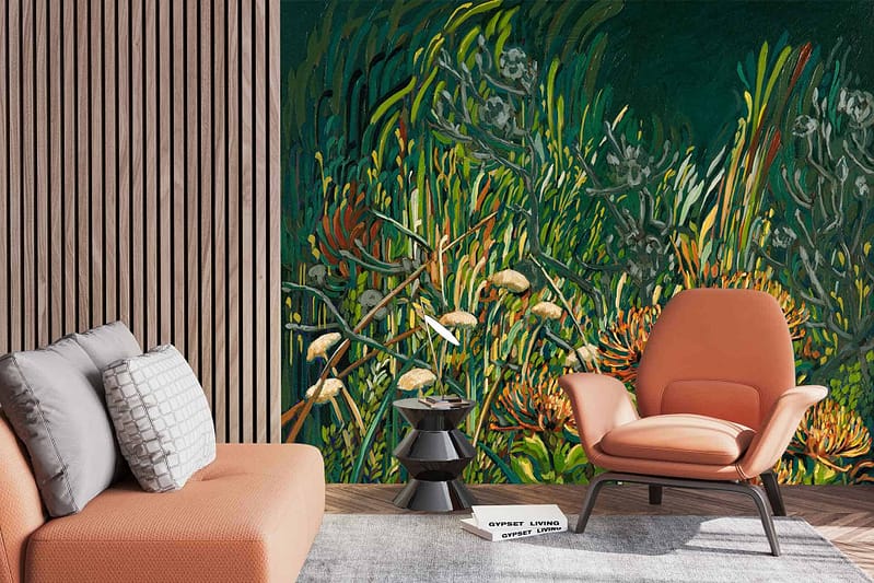 A modern living room with a wooden slat accent wall features an oversized plant mural in green tones. Green plant mural, botanical design, oversized leaf patterns.