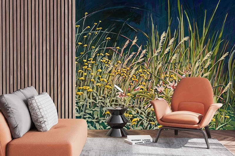 Vibrant mural wallpaper with wildflowers, tall grasses, and Painted Lady butterflies. Colors include shades of green for the grass, various hues of red, yellow, blue for the flowers, and intricate orange and black patterns on the butterflies.