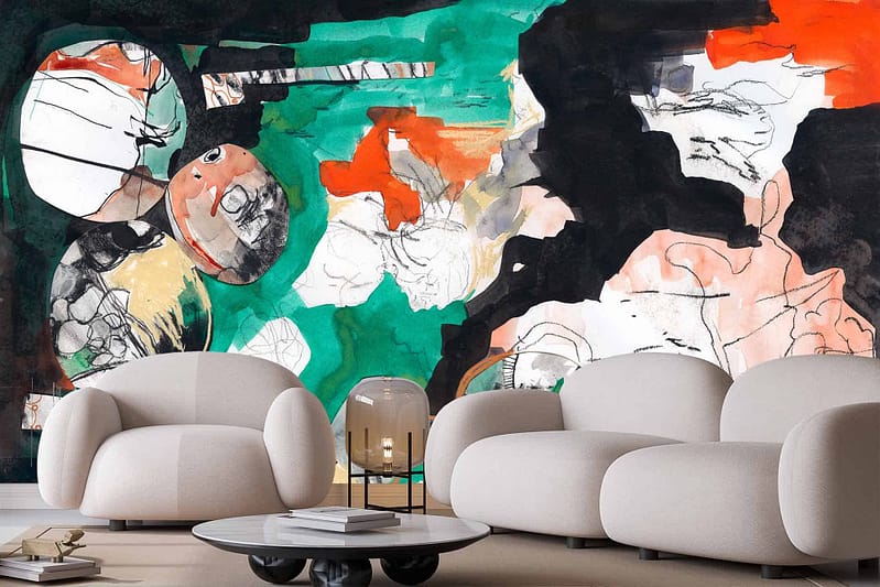 The wallpaper features an abstract mural with vibrant colors, including teal, orange, black, and white tones. The bold design creates a striking artistic touch for a contemporary living room setting.