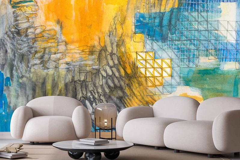 Vibrant abstract wallpaper with urban textures featuring yellow, blue, and grey tones.