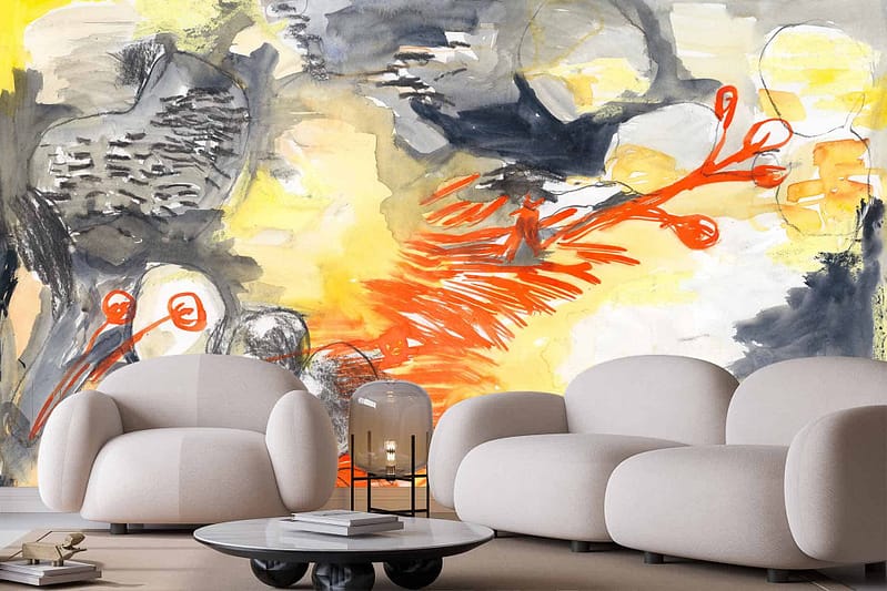 Wallpaper with abstract painting: bold splashes of yellow, black, orange, and grey; evokes a sense of growth.