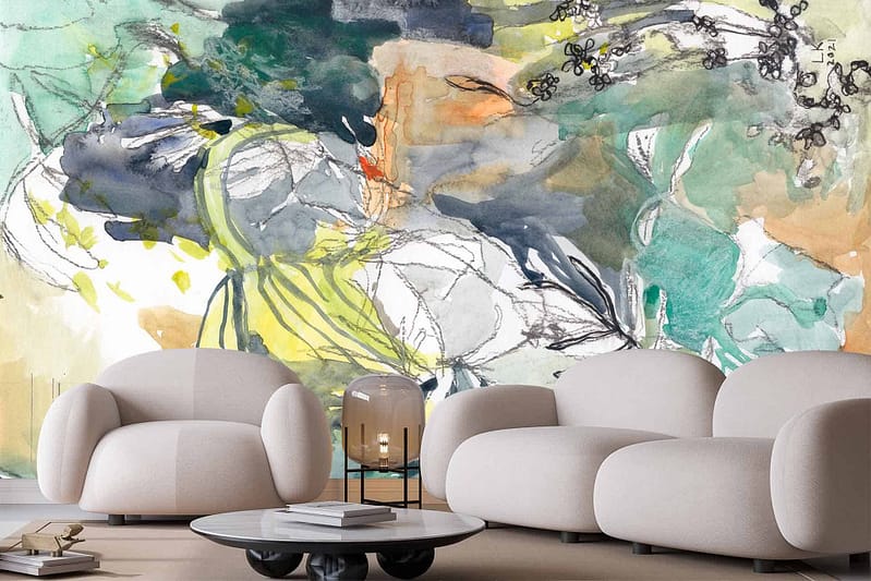 Abstract mural with vibrant colors: shades of blue, green, yellow, and black. Resembles a forest canopy.