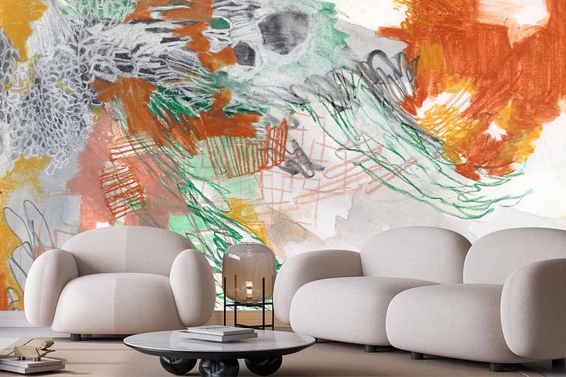 The wallpaper features a vibrant, moving abstract mural with dynamic swirls of orange, green, and gray.