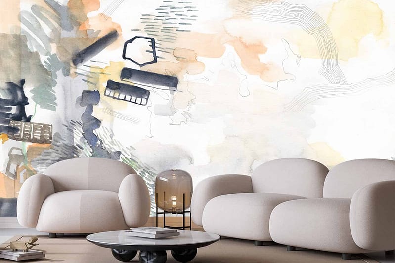 Abstract wall mural, shades of orange, gray, black brushstrokes, evocative design.