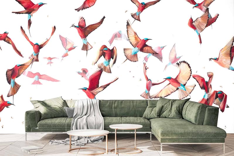 The wallpaper features vibrant, colorful bird illustrations in various flying positions, resembling an energetic carmine dance. The dynamic and lively backdrop displays a spectrum of hues including red, blue, yellow, green, and orange. Birds are depicted in mid-flight with intricate detailing, enhancing the feeling of movement and energy.