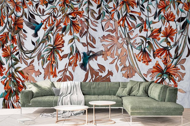 Vibrant wall mural with orange flowers, green leaves, and hummingbirds in flight.