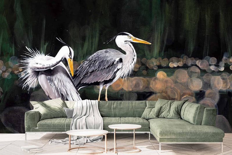Wallpaper: Mural of two wading Grey Herons with gray and white feathers on dark green backdrop.