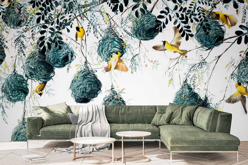 The wallpaper features a mural with birds and nests amidst foliage. Key elements include birds, nests, and various leaves. The colors are predominantly shades of green, complemented by natural tones found in the flora and fauna.