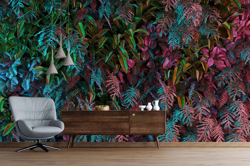 The wallpaper features lush, multicolored foliage in vibrant shades of green, blue, and purple, creating a botanical atmosphere reminiscent of 1999's eclectic style.