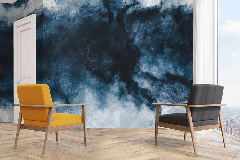 A modern room with dark blue and white cloudy-patterned wallpaper. The wallpaper features rich, deep **dark blue** hues intertwined with soft, airy **white** clouds, creating a serene and dynamic backdrop.