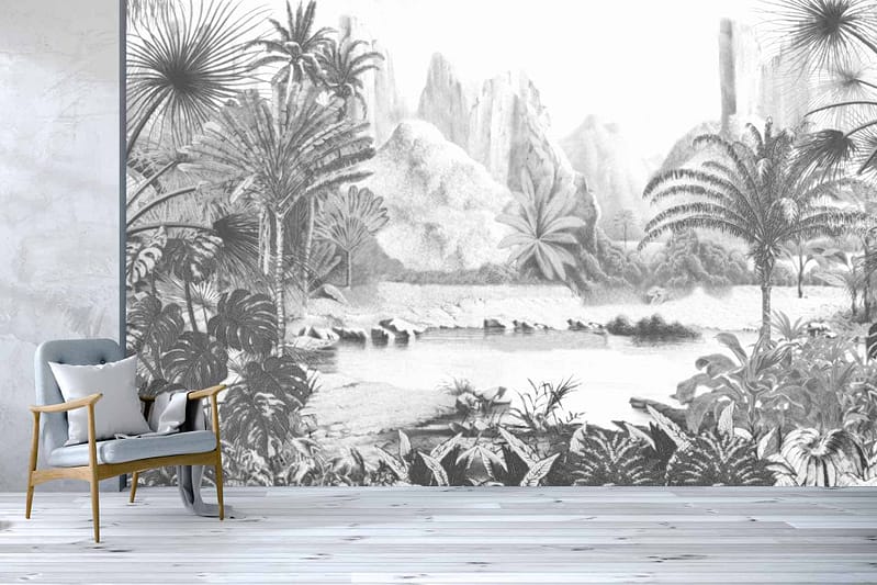 Monochromatic tropical landscape mural, palm trees, mountains, river, grayscale tones.