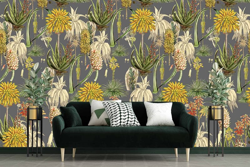 A vibrant wallpaper featuring yellow flowers, green leaves, and white cacti.