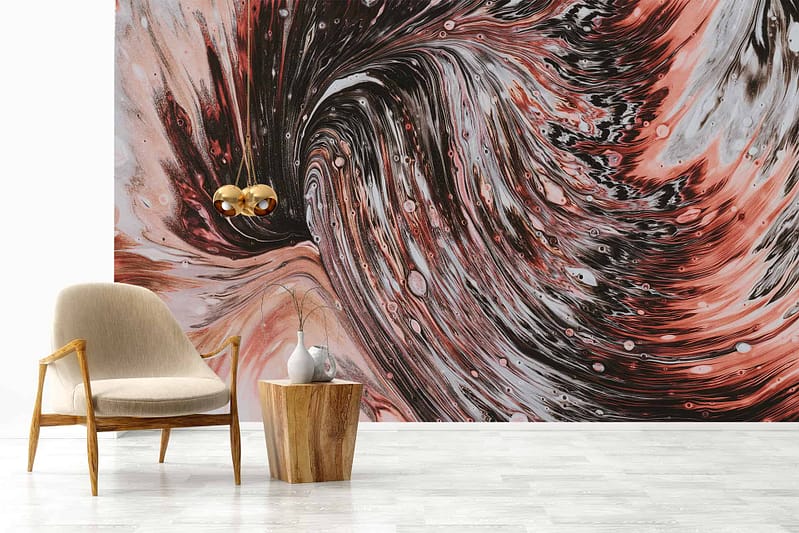 Wallpaper: Bold abstract painting with swirling patterns. Colors: black, white, various shades of red. Design theme: "Another Dimension.